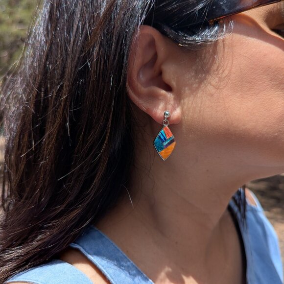 Handcrafted Navajo Multi Stone Inlay Dangle Sterling Silver Earrings Southwest** - Picture 5 of 10